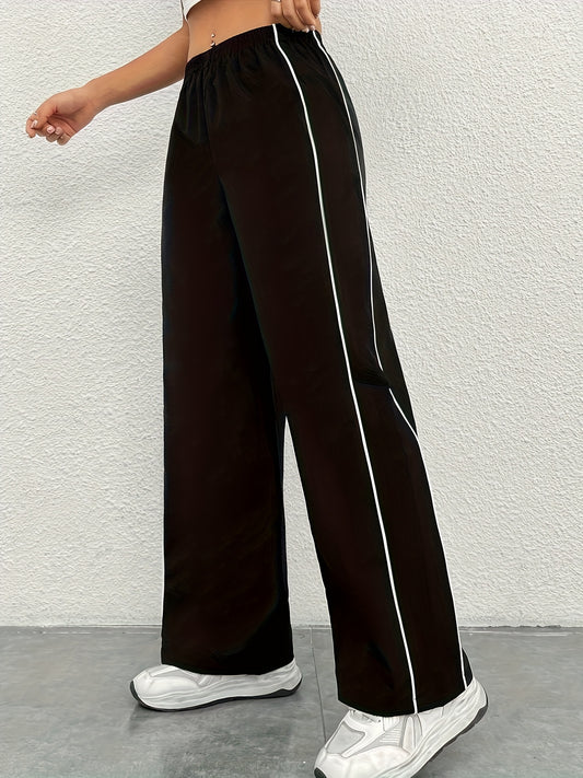 Women's Stylish Black & White Side Stripe Straight-Leg Joggers - 100% Polyester, Machine Washable, All-Season Casual Athletic Pants for Adults