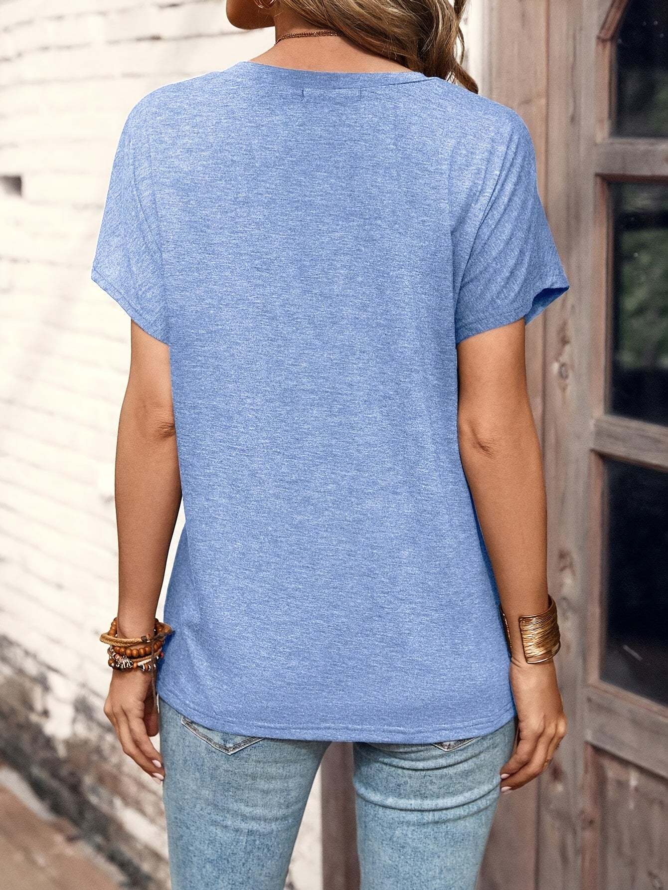 Elegant Women's Light Blue Summer T-Shirt - Chic Button Detail, Short Sleeve, Crew Neck, Polyester Blend, Machine Washable, with Smooth Texture - Perfect for Casual or Dressy Occasions