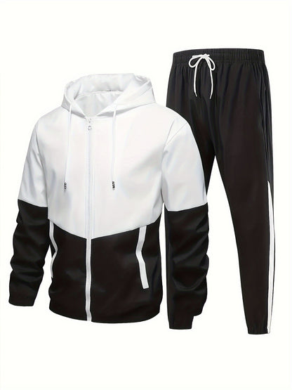 2pcs Men's Hooded Tracksuit - Lightweight Polyester Active Wear Set For Spring/Autumn With Pockets, Long Sleeve Jacket And Jogger Pants