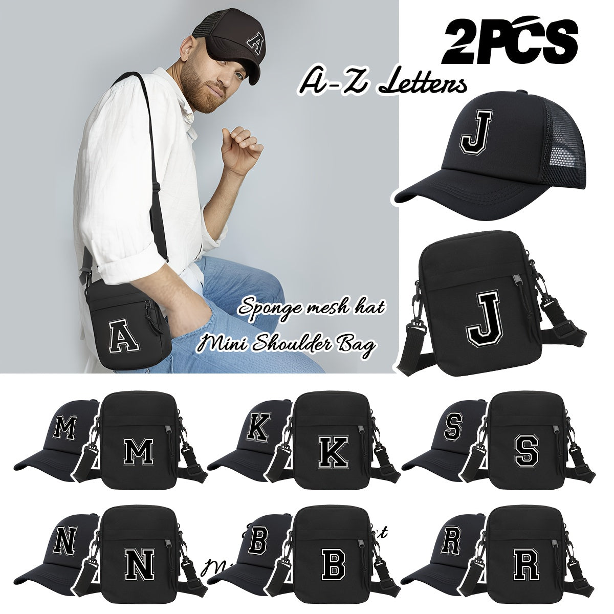2pcs Men'S And Women'S 26-Letter Printed Trucker Hat & Bag Set, Mesh Breathable Versatile Casual Sun Hat, Suitable for Holiday Vacation, Mountain Climbing, Camping, Outdoor Street And Other Scenes, Suitable As a Birthday, Hol