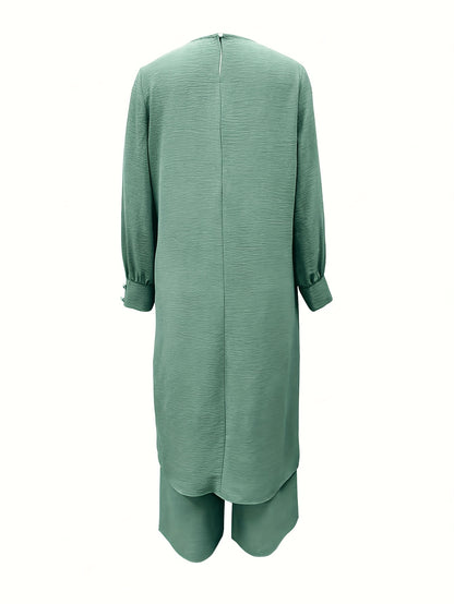 Ramadan, Women's Front-Button Long Sleeve Slit Dress & Pants Casual Arabic Style 2pcs Set, Only Clothes, Without Headscarf