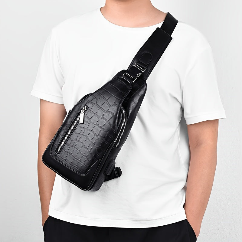 HUABUPS Men'S Black Crossbody Bag with USB Charging Port, Adjustable Strap & Multiple Compartments - Durable Business Travel Sling Bag for Daily Commute, Work, and Travel, Travel Backpack, Work Essentials Carrier, Textured Fi