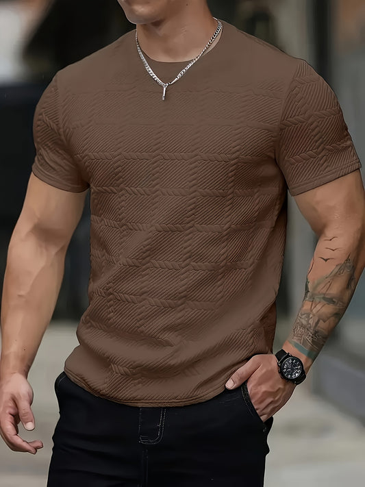 Men'S Casual Jacquard Knit Short-Sleeve T-Shirt - Featuring a Stylish Geometric Pattern, Round Neck, Comfortable for All Seasons, Perfect for Casual Wear.