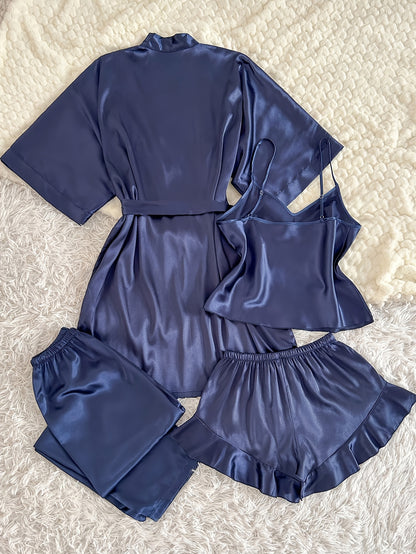 Women'S All-Season V-Neck Pajama Set - Comfortable, Sexy, Polyester 4pcs Sleepwear with Tie Waist And Drawstring Shorts, Perfect for Autumn And Winter, Autumn Winter Sleepwear | Stylish Sleepwear | Polyester Fabric
