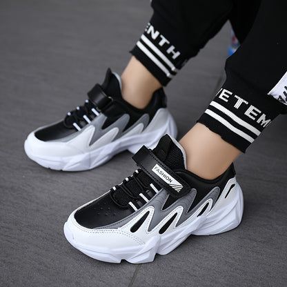 Boys' Athletic Sneakers with Hook-and-loop Fastener Strap - Casual Outdoor Sports Shoes, PU Upper, EVA Sole, Striped/Diamond Pattern, All-Season Wear, Boy Shoes
