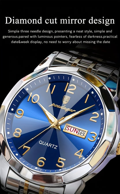 1pc BINBOND Men'S Fashion Watch, Luxury Dual Calendar Quartz Wristwatch, Business Style, Round Alloy Case, Stainless Steel Strap, Water-Resistant, Luminous Pointer Display, Battery Powered, Perfect for Valentine's, Christmas,