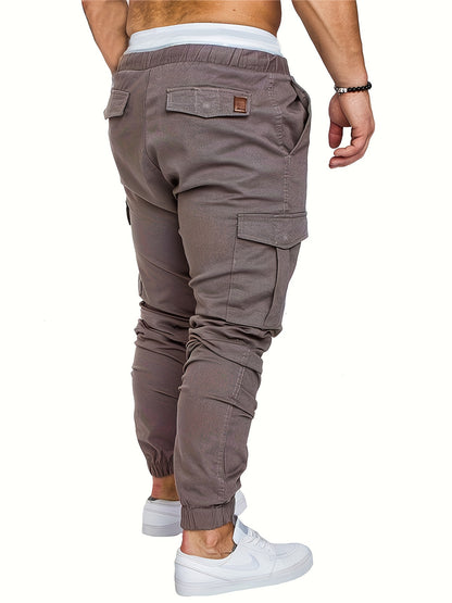 Men'S Casual Cargo Pants, 95% Cotton 5% Spandex, Skinny Fit, Solid Color, Long Length, Woven Fabric, Non-Stretch, with Pockets, 215g/m² Weight