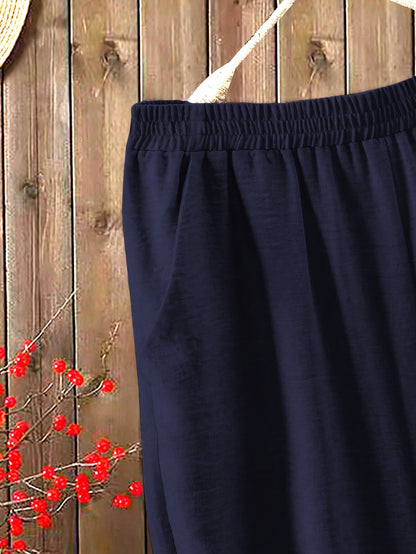 Women'S Solid Color V-Neck Short Sleeve Shirt with Elastic Waist Wide-Leg Pants Two-Piece Set