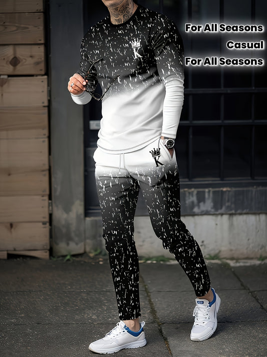 2pcs Men's Gradient Color Random Patter Long Sleeve T-shirt + Pants Set, Casual Co-ord Set For All Seasons