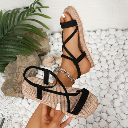 Women's Summer Black Cross-Strap Flat Sandals - Slip-On Open-Toe Beach Shoes with Breathable Fabric Upper & Comfortable EVA Sole for Hawaiian Vacations, Outdoor Activities, Beach Sandals