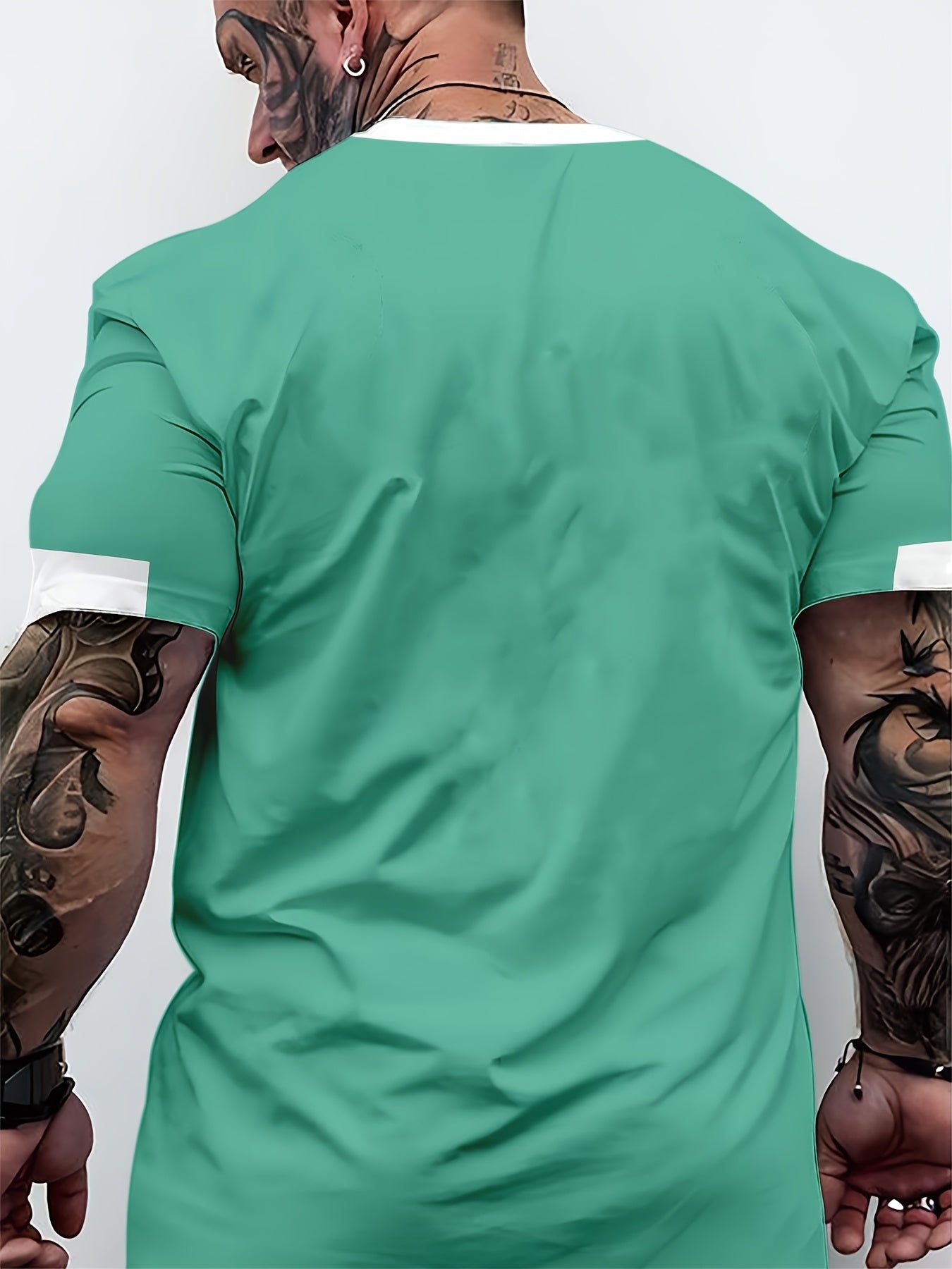 Men'S Paris Graphic T-Shirt - Green Polyester Crew Neck Tee with White Stripes & Print - Casual Sporty Knit Top for Casual Attire, Breathable Fabric