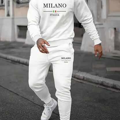Men's Fashion Casual Sports MILANO Round Neck Sweatshirt and Pants 2pcs Set - Xingfan