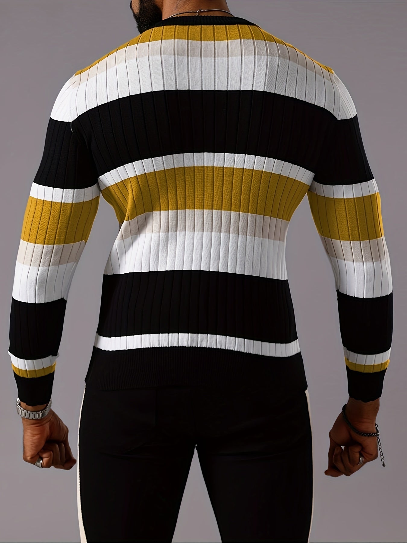 Men's Striped Color-Block Ribbed Knit Sweater - Long Sleeve Round Neck Pullover with Elastic Comfort Fit, Machine Washable Casual Fall Winter Top in Black/White/Green/Beige, Knit Sweater, Medium Elasticity