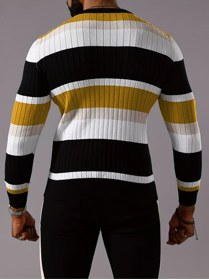 Men's Striped Color-Block Ribbed Knit Sweater - Long Sleeve Round Neck Pullover with Elastic Comfort Fit, Machine Washable Casual Fall Winter Top in Black/White/Green/Beige, Knit Sweater, Medium Elasticity