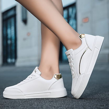 Youngsters' Fashion Sneakers - White PU Upper with Golden Accents, Comfortable & Lightweight Casual Running Shoes for Boys and Girls, All-Season Wear, Low-Top Lace-Up Design, Outdoor Youngsters's Footwear | Fabric Lined Inter