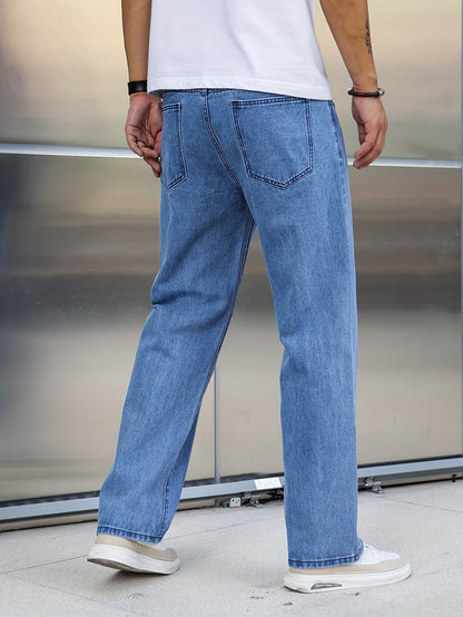 Men's Loose Fit Wide Leg Jeans, Street Style Stretch Casual Pants