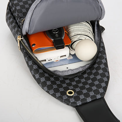 Men's Stylish Geometric Print Sling Bag - Black & White Crossbody Chest Pack with Golden-Tone Zippers, Compact Travel & Everyday Commute Backpack, Modern Accessory | Textured Finish, Crossbody Bag