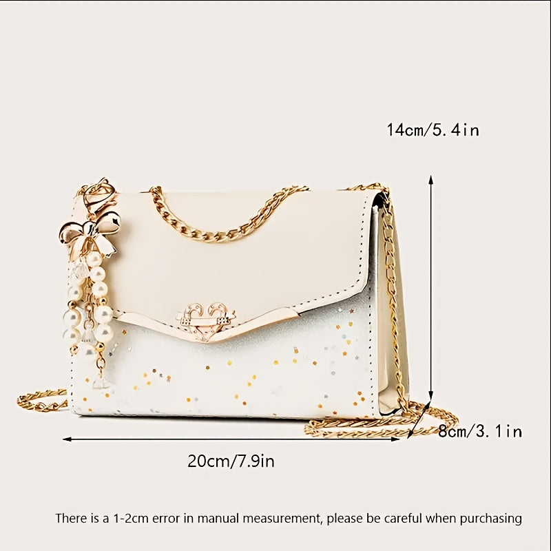 Women's Glitter Crossbody Bag with Accents & Detachable Chain Strap - Small Square Shoulder Bag, Magnetic Closure, Golden-Tone Hardware, White//Red/Black for Casual & Formal Occasions, Crossbody Purse, Versatile Accessory, Ev