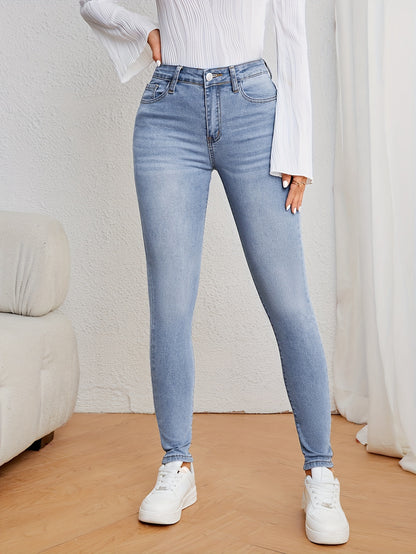 Women's Casual Plain Light Blue Skinny Jeans, Stretchy Denim Pants, Classic Design, High Waist Slim Fit For Everyday Fashion - Perfect For Fall & Winter