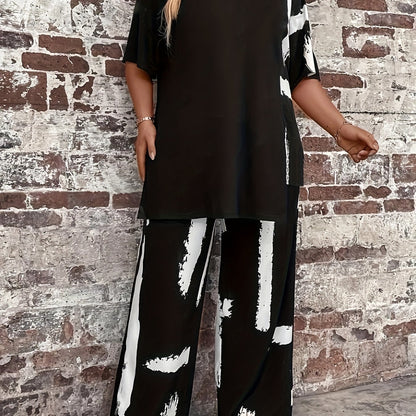 Plus Size Women'S Black Printed Sweater Set - Casual Long Sleeve Pullover with "LOVE" Design, Wide Leg Pants, Non-Stretch Fabric, Perfect for Fall & Winter, Autumn Winter Wear|Casual Style|Comfortable Fit