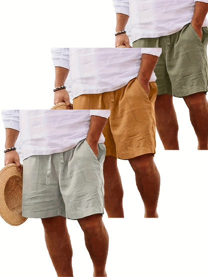 Men's Summer Cotton Drawstring Elastic Waist Straight-Leg Solid Color Breathable Casual Beach Shorts - 3pcs