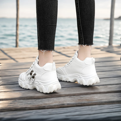 Women's White Platform Sneakers - Chunky Platform Shoes with Cushioned PVC Sole, Lace-Up Low-Top for Everyday, Travel, Office - All-Season Synthetic Cover - Leg-Lengthening Design, Ladies Sneakers, Travel Footwear, Chunky Sol