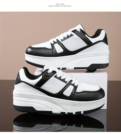 Boys' Fashion Roller Skate Footwear - Non-Slip Dual Wheel, Lace-Up with Durable Buckle Straps, Black & White, Suitable for All Seasons