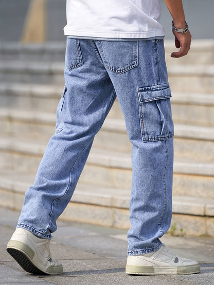 Men's Multi-Pocket Cargo Jeans - Casual Loose Fit Denim with Flap Pockets, Durable Cotton Blend, Ideal for All Seasons, Casual Wear Pants | Classic Blue Jeans | Cotton Blend Jeans
