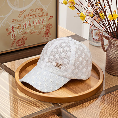 Women's Floral Lace Baseball Cap with Breathable Mesh Back & Embroidered 'M' Detail - Adjustable Snapback Closure, Lightweight Design for Valentine's Day, Casual Outings, City Travel, Outdoor Activities Hat, Embroidered Detai