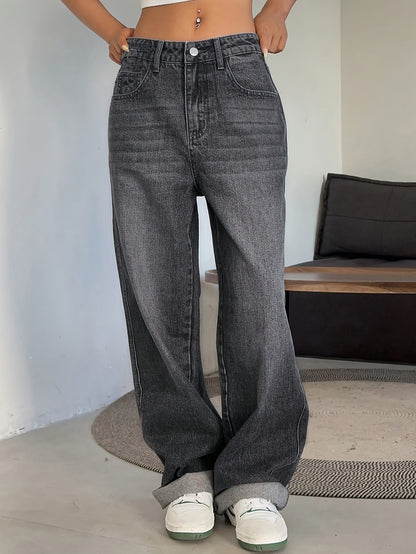 Women's Fashion Wide Leg Jeans, Casual High-Waisted Denim Pants with Pockets, All-Season Solid Color, Comfortable Slimming Design, 54.10% 35.10% Polyester 9.50% Viscose 1.30% Elastane