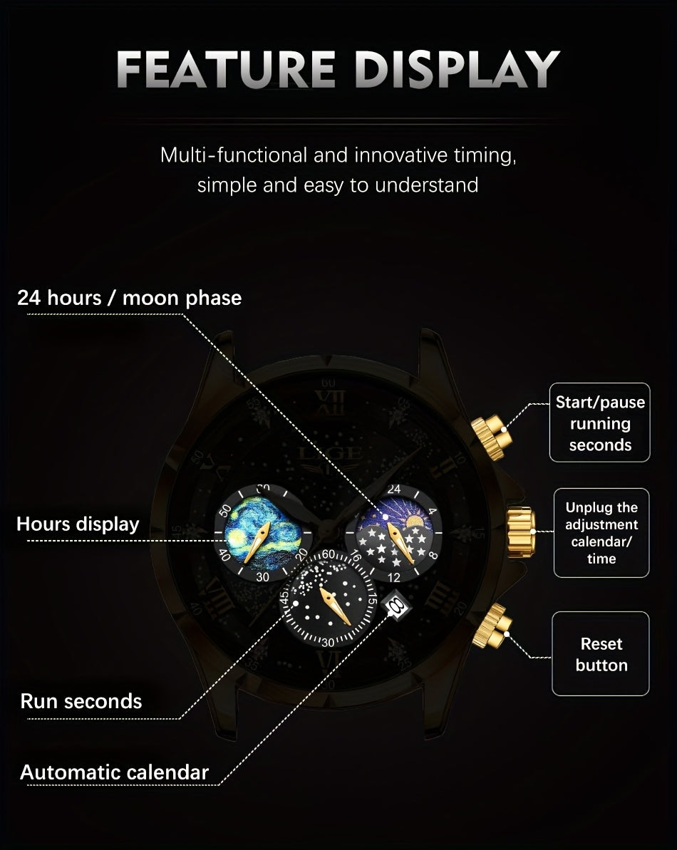 LIGE Luxury Quartz Chronograph Watch with Luminous Hands - Elegant Round Alloy Case, Blue Dial with Roman Numerals, Starry Night Design, Button Battery, Faux Leather Strap, Stylish Accessory|Starry Night Design|Luminous Hands