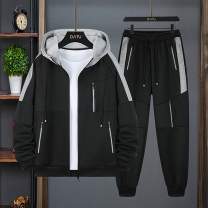 Men's Casual 2-Piece Outfit, Men's Stylish Zip-up Hoodie With Pockets, Color Block Drawstring Pants