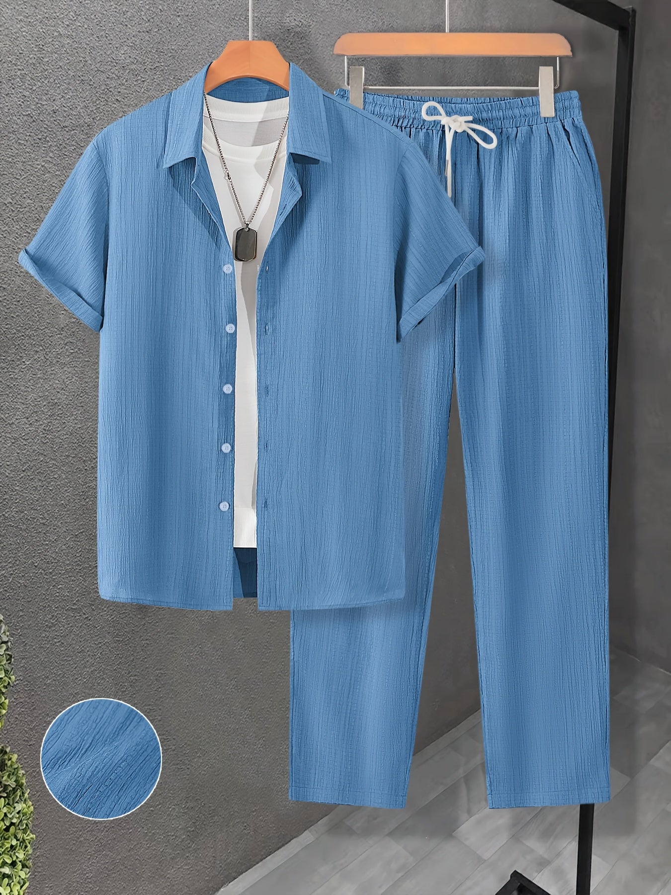 Men's Casual 2-Piece Outfit, Summer Solid Color Shirt & Pants Set, Comfy Button Up Shirt, Breathable Drawstring Pants