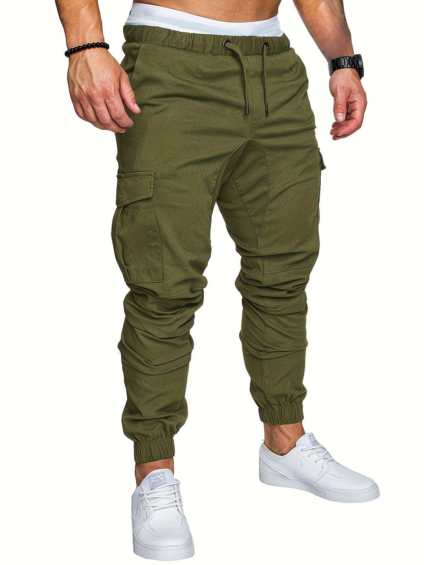 Men'S Casual Cargo Pants, 95% Cotton 5% Spandex, Skinny Fit, Solid Color, Long Length, Woven Fabric, Non-Stretch, with Pockets, 215g/m² Weight