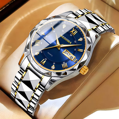 Elegant Men's Stainless Steel Watch with Dual Calendar, Luminous Display & Rhinestone Accents - Perfect for Business or Casual Wear