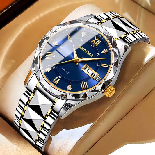 Elegant Men's Stainless Steel Watch with Dual Calendar, Luminous Display & Rhinestone Accents - Perfect for Business or Casual Wear