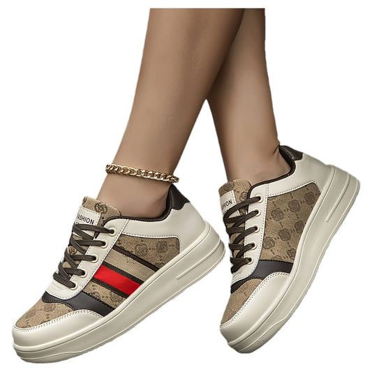 Women's Color-Block Striped Patchwork Skate Sneakers with Letter Pattern - Synthetic Cover & Fabric Upper, EVA Cushioned Sole, Round Toe Lace-Up Casual Shoes for Outdoor Sports & Casual Attire, Skate Shoes, Lifestyle, Sporty