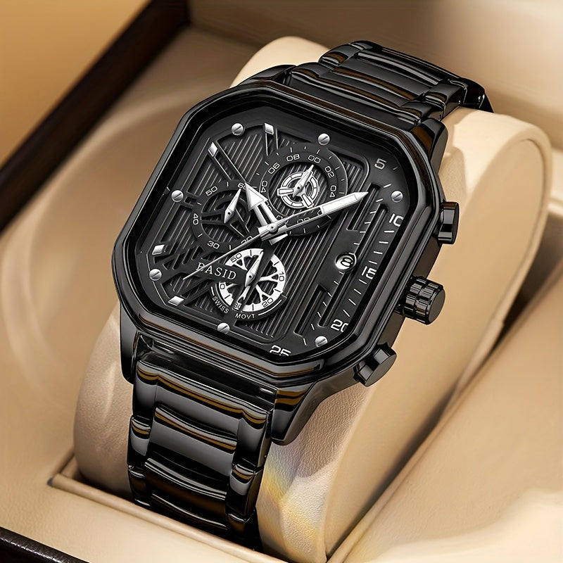 BASID Men's Elegant Square Analog Quartz Watch with Date Display & Stopwatch - Stainless Steel Strap, Black Dial - Casual & Dress Watch for Men, Unique Gift Idea, Versatile Wristwatch, Sleek Watch Design, Polished Finish