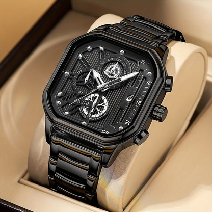 BASID Men's Elegant Square Analog Quartz Watch with Date Display & Stopwatch - Stainless Steel Strap, Black Dial - Casual & Dress Watch for Men, Unique Gift Idea, Versatile Wristwatch, Sleek Watch Design, Polished Finish