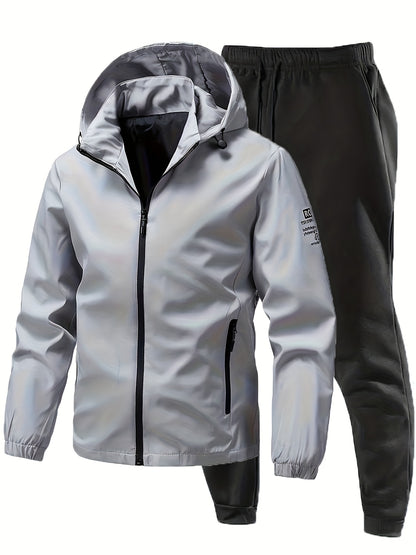 2pcs Men's Sporty Casual Jacket and Stretch Jogger Set, Spring/Autumn Fashion Hooded Jacket with Zipper Pockets, Windproof Outerwear and Black Stretch Joggers, Perfect for Outdoor Activities and Leisure Wear