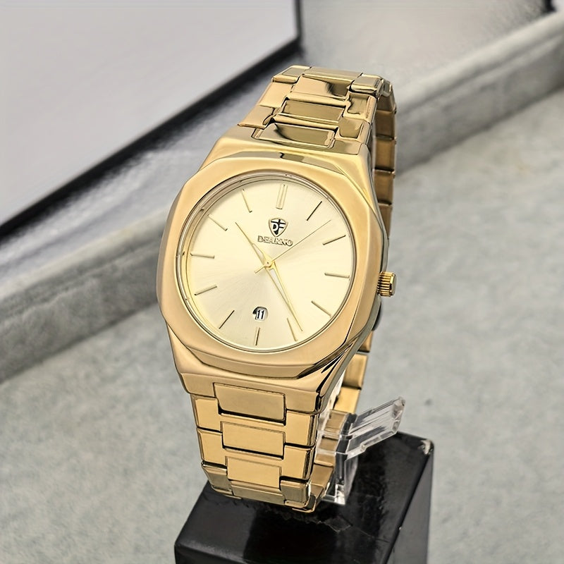 Elegant Men's Quartz Watch - Luminous Hands, Golden-Tone Dial with Stainless Steel Band, Date Display, Business Style, Non-Rechargeable Battery