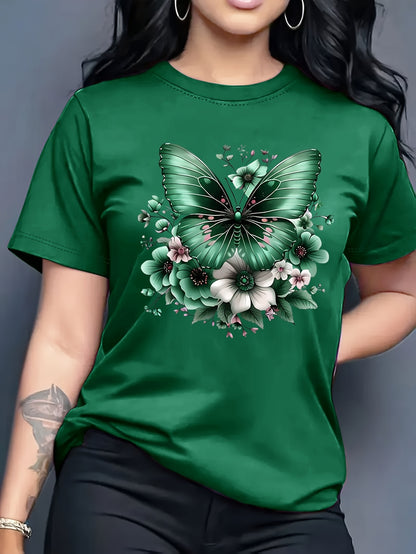 Women'S Floral Butterfly Print T-Shirt, Short Sleeve Crew Neck Casual Top for Spring & Summer, Vibrant Green with White & Blue Flowers, Perfect Birthday or Holiday Gift, Everyday Fashion | Vibrant Casual Top | Glossy Texture