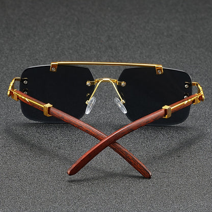 A Pair of Frameless, Beveled-Edge, Square Double-Beam Glasses, New Trendy Leopard-Print Fashion, Faux Wood Grain, Versatile for Men And Women, for Taking Photos.