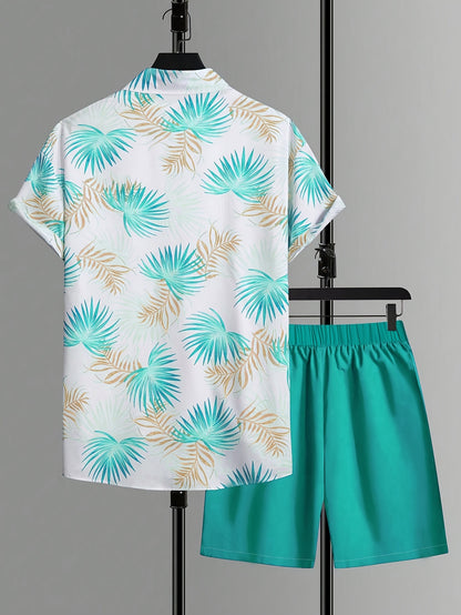 Men's Casual Suit Set with Short Sleeve Shirt and Printed Shorts