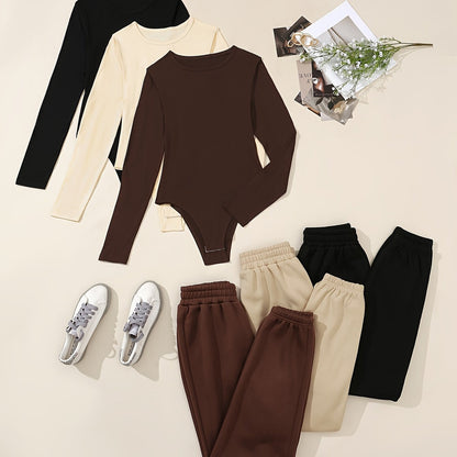 6pcs Casual Solid Color Polyester Knit Bodysuits and Sweatpants Set with Crew Neck - Stretch-Fit Comfort for All Seasons