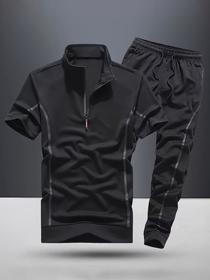 Men's Fashion Stripe Casual Suit, 2pcs Stylish Stand Collar Zippered Breathable Outfit with Short Sleeve T-Shirt and Drawstring Pants for Summer Wear