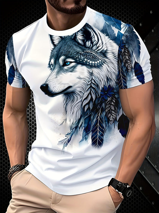Men's Casual Breathable T-Shirt - White Round Neck Regular Fit, Machine Washable & Durable Digital Print for Outdoor & Casual Attire, Naturethemed Apparel, Wolf Graphic Tee, Comfortable Fabric