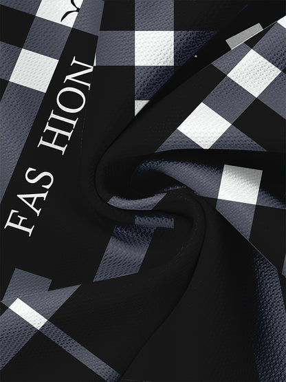 Men'S Casual "FAS HION" Graphic T-Shirt - Black & Blue Plaid, Short Sleeve, Round Neck, All-Season Comfort Fit, Casual Attire | Plaid Pattern Top | Comfortable Fit Shirt