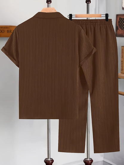 2pcs Men'S Casual Summer Set - Short Sleeve Button-Up Cuban Collar Shirt and Drawstring Waist Pants, Polyester Blend, Solid Color, Regular Fit, Breathable Fabric, Lightweight for Daily Wear