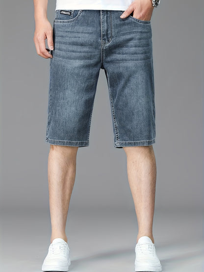Men's Slim-Fit Denim Shorts - Casual Business Style, Mid-Waist, Stretch Fabric, Knee-Length with Pockets